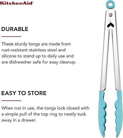 KitchenAid Silicone Tipped Stainless Steel Tongs, 12 Inch, Aqua Sky