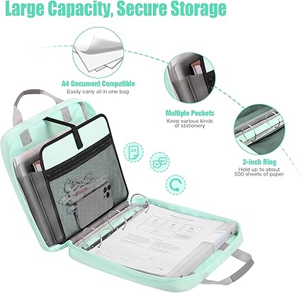 MoKo Zipper Binder, 2 Inch 3 Ring Binder with Zipper,500 Sheets Capacity Zipper Binder with Shoulder Strap & Handle,Multi-Pocket Zipper Binder Organizer for Middle School, Mint Green