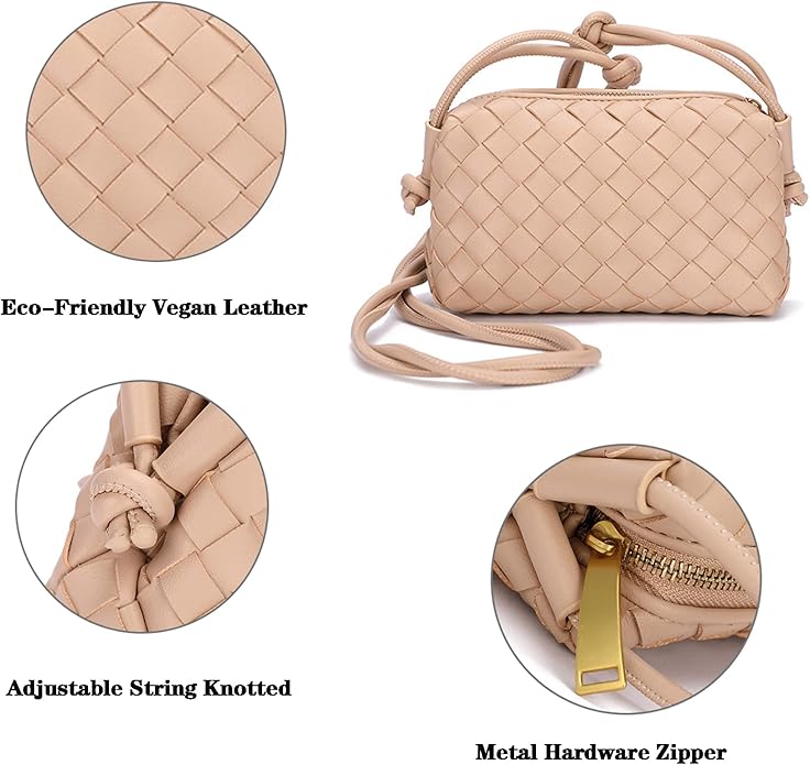 Woven Crossbody Bags For Women, Small Handmade Purse Clutch Shoulderbag Handbag, Zipper Closure