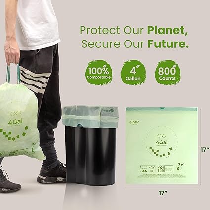 FMP Brands 800 Count 4 Gallon 100 Compostable Trash Bags with Drawstring, Extra Thick 0.8 Mil, Leak-Proof Small Kitchen Garbage Bag, Waste Basket Liners, ASTM D6400, US BPI, OK Compost Certified
