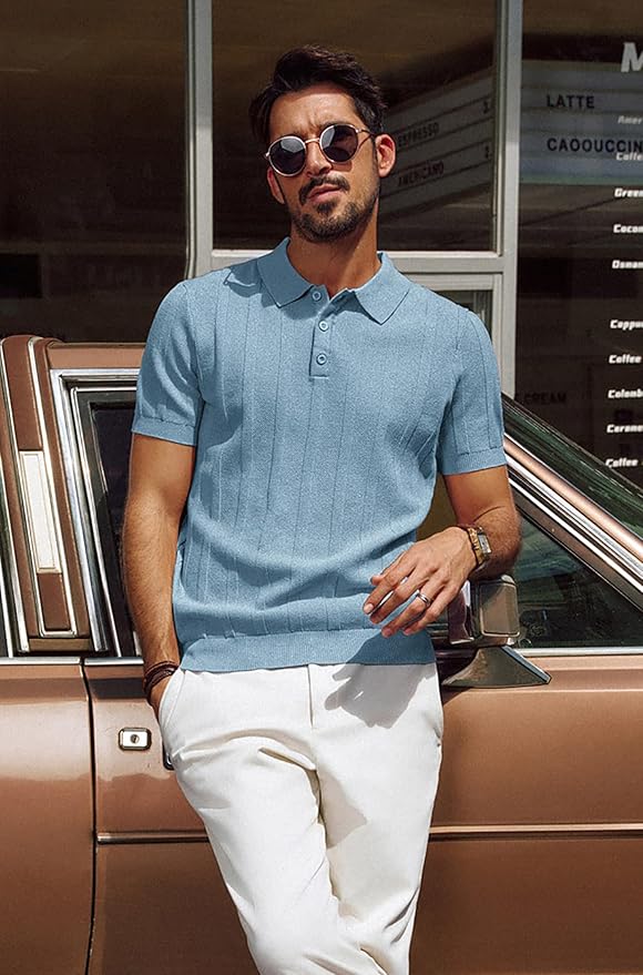 PJPAUL JONES Mens Polo Shirts Short Sleeve Textured Knit Polo Shirt Ribbed Casual Golf Shirts