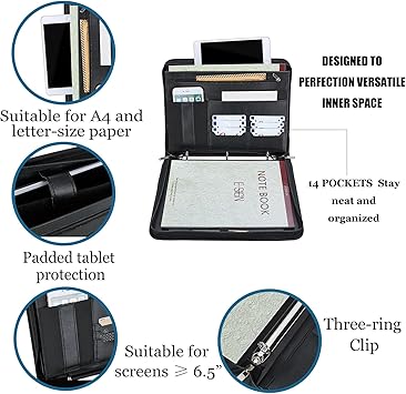 IVESIGN Zippered Padfolio Binder, Faux Leather Organizer with 3-Ring Binder, Left-Handed Design, Business Card Slots Document Folders - Professional Padfolio for Office (Black)