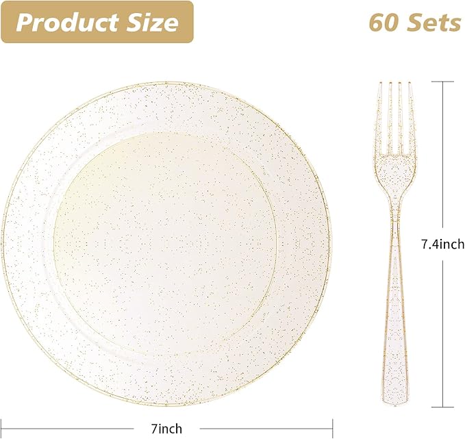 Goodluck 120PCS Gold Glitter Plates with Plastic Forks, Gold Dessert Plates for 60 Guests, Heavy Duty Disposable Plates for Party, Including 60 7" Plastic Plates and 60 7.4" Plastic Forks