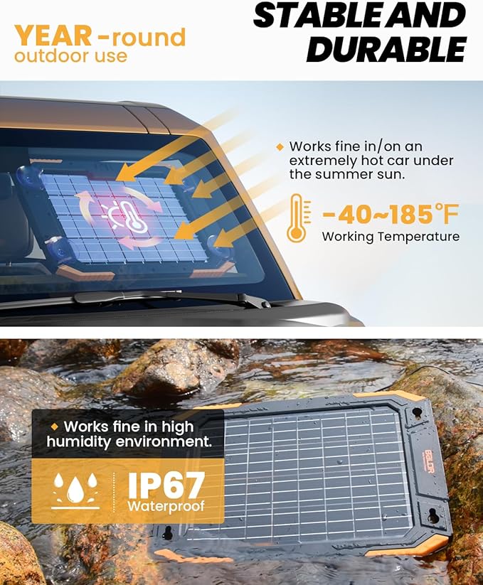 BALDR 12V Solar Battery Charger, 13W Waterproof Dual Sided Battery Maintainer, IP67 MPPT Trickle Charger for Car, Trailer, Lawn Mower, Boat