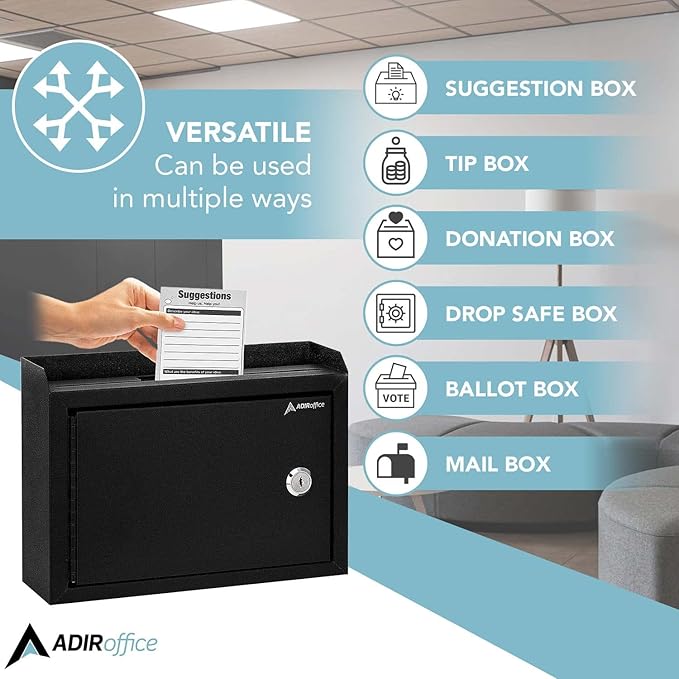 AdirCorp. Suggestion Box with Lock, Safe Wall Mounted Mail Box, Key Drop, Donation File and Money Organizer, 9.75x7x3 (Black)