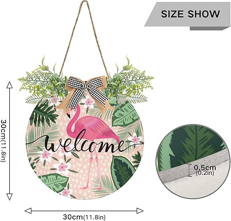 xigua Tropical Pink Flamingo Welcome Sign Front Door Decor, Outdoor Hanging Porch Wreath Interchangeable Seasonal Icons for Farmhouse Wall Home Holida