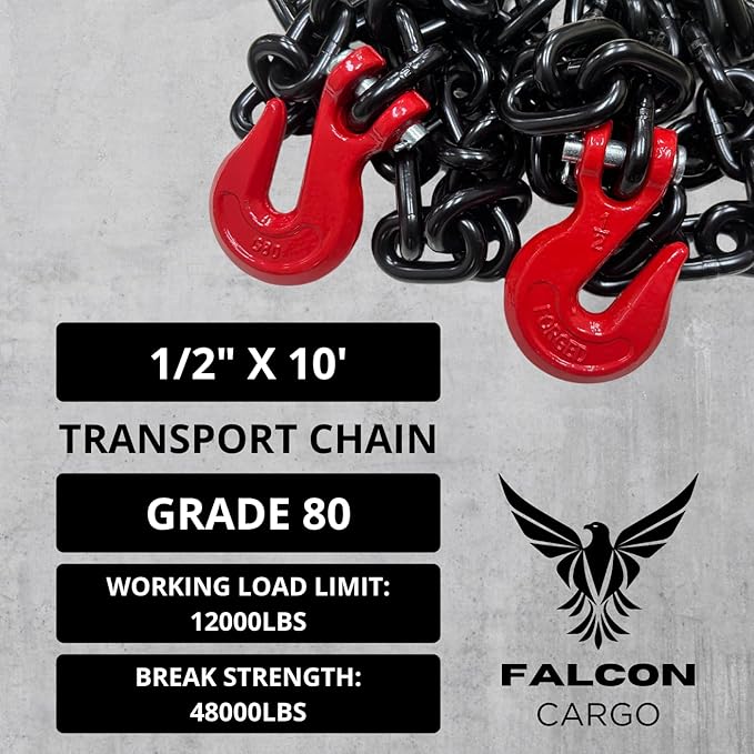 12" X 10' Grade 80 Transport Binder Chain - 12,000 LBS WLL - Clevis Grab Hook, Tie-Down, Towing