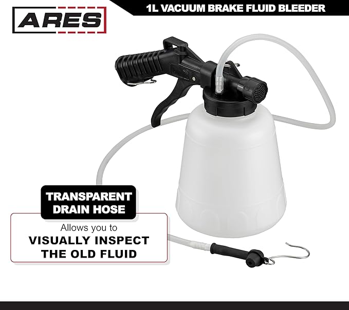 ARES 70923 - Vacuum Brake Fluid Bleeder - 1-Liter Vacuum Fluid Extractor - Hanging Hook and Locking Trigger Allows for Hands Free Operation