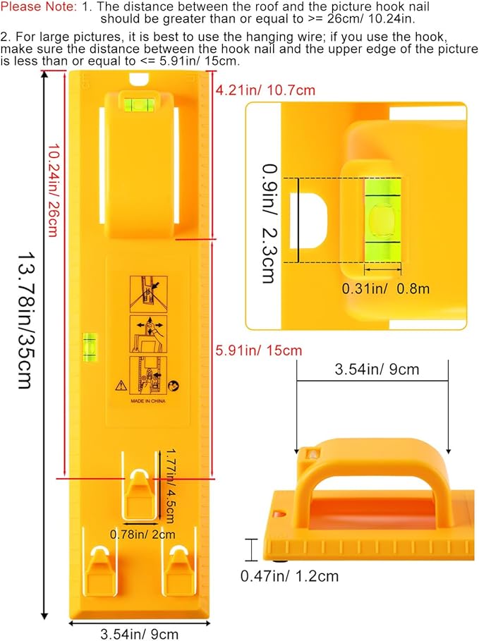 Picture Hanging Tool with Level, Goodsnova Photo Frame Hanging Tool for Easy Marking Position, Wall Hanger Helper Guide for Photo Art Painting Frame (Plastic, Yellow)
