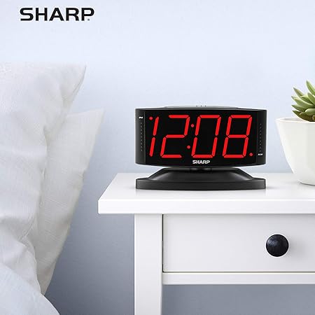 SHARP Home LED Digital Alarm Clock Swivel Base - Outlet Powered, Simple Operation, Alarm, Snooze, Brightness Dimmer, Big Green Digit Display, (Midnight Black -Red LED)