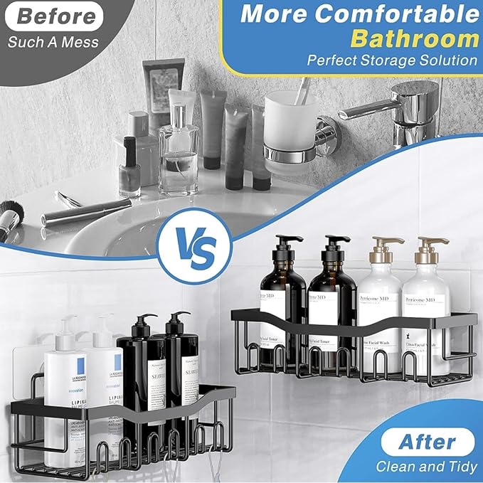 Non-perforated bathroom storage shelves, black shower racks, toilet wall mounted shelves, wash storage, five-piece stainless steel bathroom organizers, Toothbrush holder