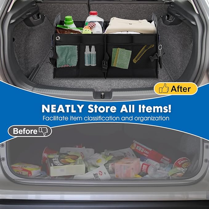 Large Car Trunk Organizer - Durable Oxford Cloth Car Storage Box with Flexible Dividers, Mesh Pockets Foldable Design for SUVs, Cars Groceries