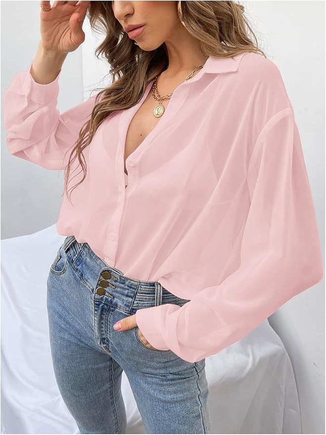 Verdusa Women's Sheer Mesh Button Down Shirt Top Long Sleeve Drop Shoulder Blouse