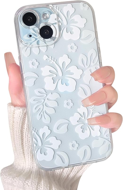 Compatible for iPhone 15 Case Cute Clear Hibiscus Flower Floral Aesthetic Printed Design for Girls Women Soft TPU Shockproof Protective Girly for iPhone 15-White