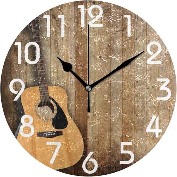 Naanle 3D Retro Wooden Board Guitar Round Wall Clock, 9.5 Inch Battery Operated Quartz Analog Quiet Desk Clock for Home,Kitchen,Office,School,Bathroom