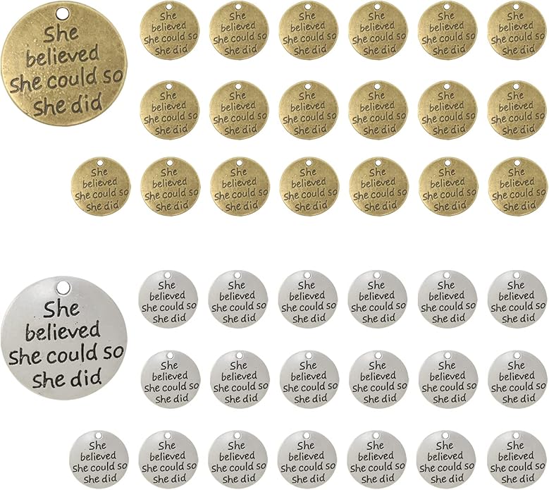 Honbay 40PCS Alloy Round Message Charms Pendant She Believed She Could So She Did Inspiration Words Charms for DIY Earring Necklace Bracelet Crafting Making (2 Color)