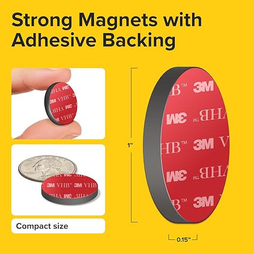 Adhesive Magnets - Ferrite Magnetic - 100 Pieces - Round Disc - Strong Sticky Adhesive Backing - Ceramic - 1"x0.15"