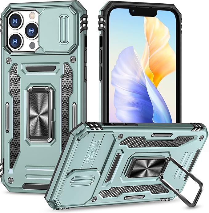 Phone Case for iPhone 13 Pro Max Case iPhone 13 Pro Max Phone Case with Slide Camera Cover, with Finger Ring Holder Stand, fit Magnetic Car Mount, for iPhone 13 Pro Max (Alpine Green)