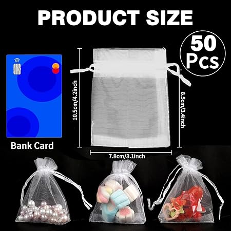 Organza Bags, White Organza Bags, 50Pcs, Sheer Organza Bags 3 x 4 inch, Jewelry Gift Bags, Party Favor Bags with Drawstring, Mesh Gift Pouches Mini Candy Bags for Wedding Christmas Party