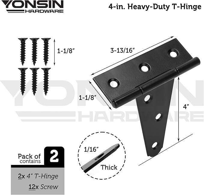 4" T-Strap Shed Door Hinges 2Pcs, Heavy Duty Black Tee Hings for Wooden Fence Gate, Outdoor T Hinges Barn Door Gate Hinges Hardware, Wrought Hinges Hardware, Thickness 2mm
