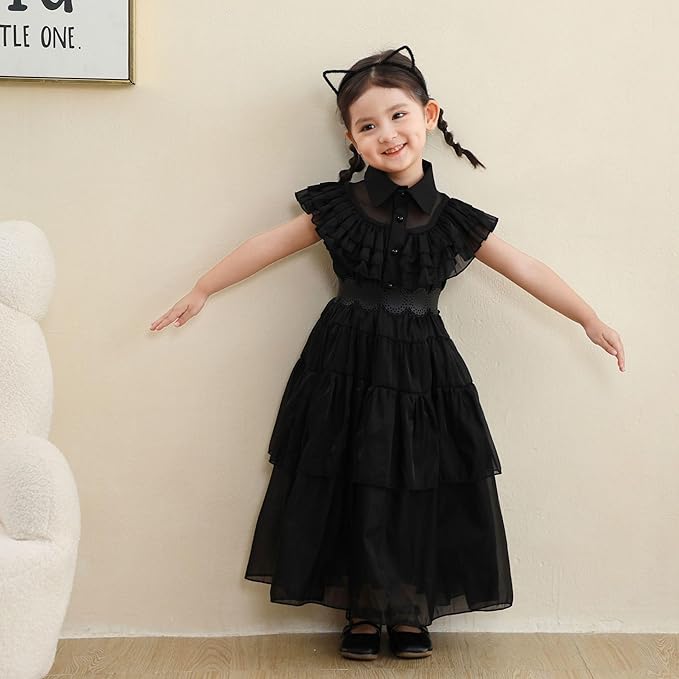 Plustrong Wednesday Addams Black Gothic Cosplay Dress for Girls Halloween Costume
