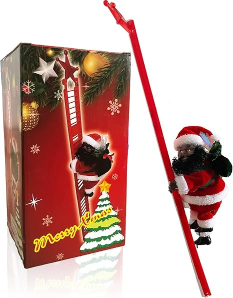 Black Santa Claus Climbing Ladder to Christmas Tree, African American Santa Christmas Decoration with Music Lights, Include Instructions for Tree Hanging Ornament, Xmas Gift