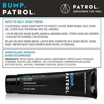Bump Patrol Cool Shave Gel - Sensitive Clear Shaving Gel With Menthol Prevents Razor Burn, Bumps, Ingrown Hair - 4 Ounces