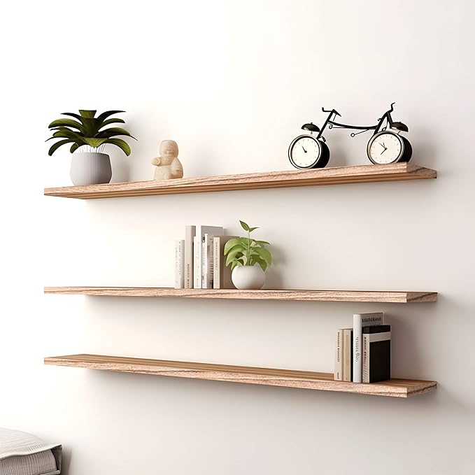 PHPH 48 Inch Wood Floating Shelves for Wall, Wooden Wall Shelves for Bedroom, Set of 4 Light Brown