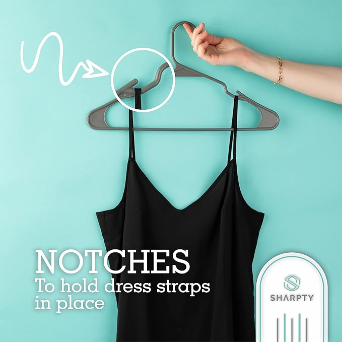 Sharpty Plastic Hangers Clothes Hangers for Clothing, Closet, Coats Shirts - Notched, Durable, Thick, Tough Space Saving - for Everyday Standard Use, Room Essentials Basics - 20 Pack - Grey