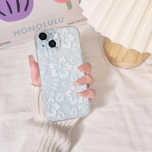 Compatible for iPhone 15 Case Cute Clear Hibiscus Flower Floral Aesthetic Printed Design for Girls Women Soft TPU Shockproof Protective Girly for iPhone 15-White