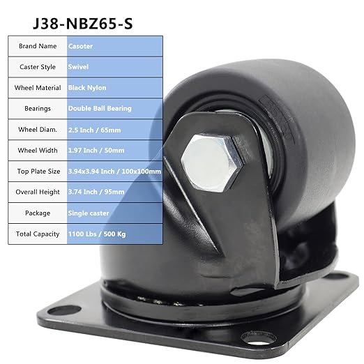 Casoter Single 2.5" Black Extra Heavy Duty Swivel Caster,50mm Extra Width Hi-Temp Nylon Wheel Low Gravity Center Design Top Plate Mounted Caster,Smooth Sturdy 1100Lbs500kg Load Capacity
