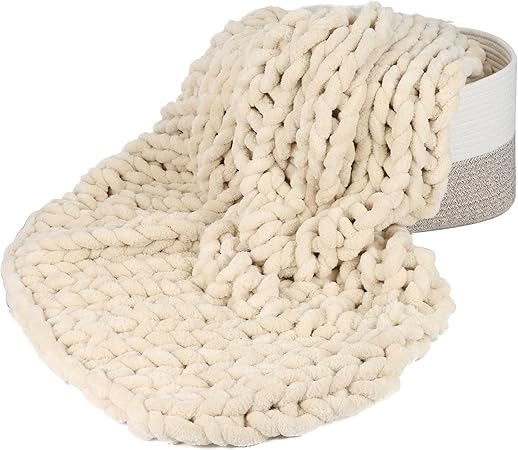 Chenille Chunky Knit Throw Blanket, Big Chenille Yarn Braided Crochet Throw Blanket: Handmade Soft Comfort for Couch Bed Sofa (Light Brown, 50"x60")