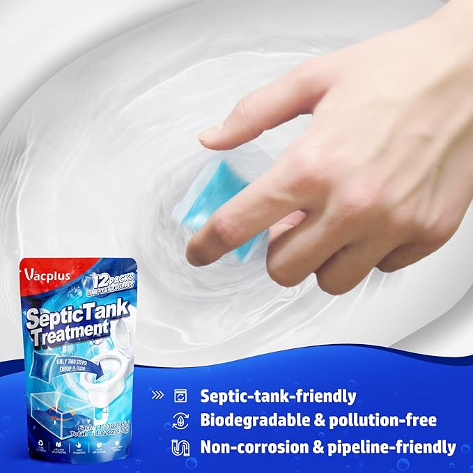 Vacplus Septic Tank Treatment 12 Pcs for 1-Year Supply, Dissolvable Packs with Easy Operation, Durable Biodegradable Enzymes for Wastes, Greases Odors, Blue, 2X Efficiency