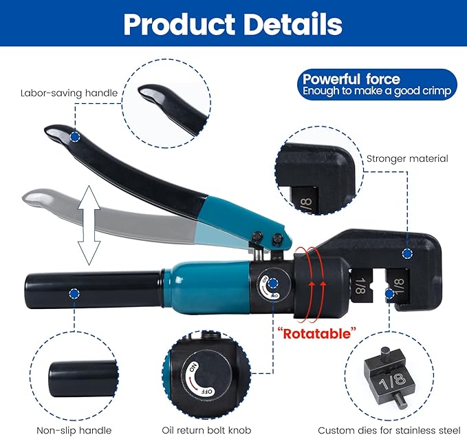 Muzata Custom Cable Railing Crimping Tool Hydraulic Crimper Hydraulic Crimping Tool for 18" Stainless Steel Cable Railing Kit Wire Rope Swaging Kit CR09