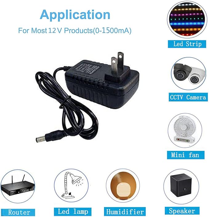 DC 12V 1.5A 1500mA Power Supply Adapter 100-240V AC to DC 12Volt Transformers Switching Power Supply 5.5mm x 2.52.1mm DC Plug for 12V led Strip Light CCTV Camera,12 Volt 1.5Amp ACDC Adapter