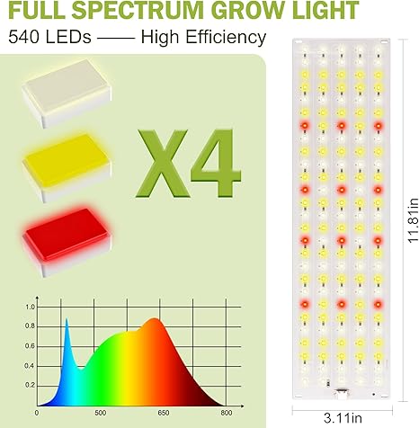 4-Pack Plant Grow Light, Full Spectrum LED, 540 LEDs, 3 Modes, 9 Dimmable Levels, Auto OnOff Timer 3912H, Black, Aluminum