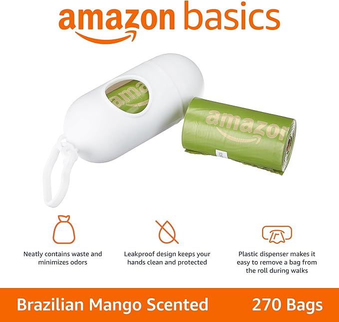 Basics Dog Poop Bags with Dispenser, 270 Count, Enhanced for Guaranteed Leakproof, Brazilian Mango Scented, Includes Leash Clip