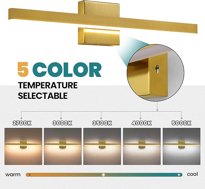 KAISITE Modern Bathroom Vanity Light Gold 24-Inch Fixture Over Mirror - Dimmable 5CCT LED Bar Light for Restroom
