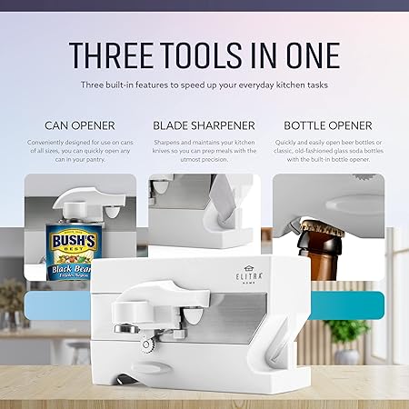 3 in 1 Under the Cabinet Electric Can Opener, Blade Sharpener, Bottle Opener, Under The Counter Mount, For Large And Small Cans (White)