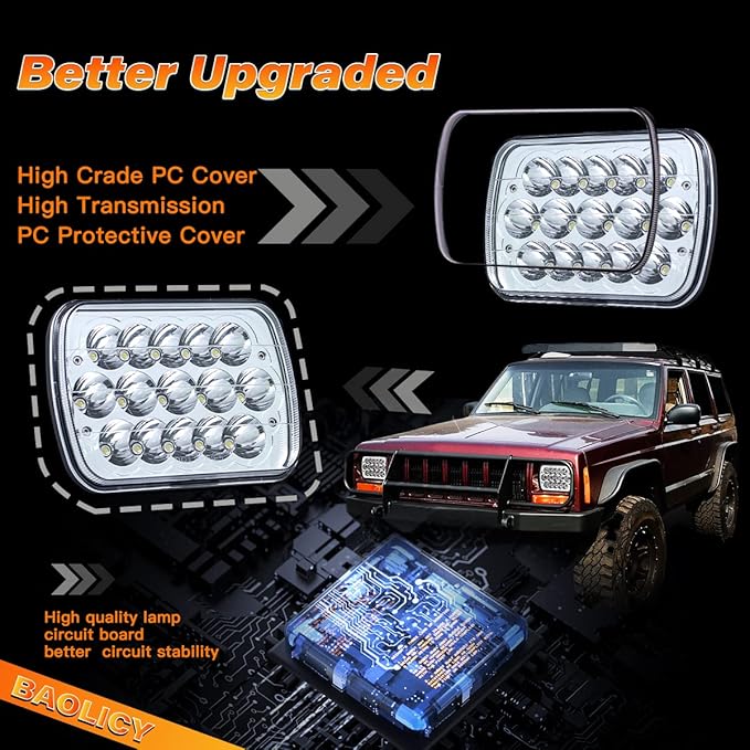 5x7 H6054 LED Headlights DOT Approved Hi/Low Sealed Beam 7x6 H6052 6054 H5054 H6054LL 69822 Rectangular Chrome Headlight for XJ YJ Chevy S10 Express Ford Probe Truck Van