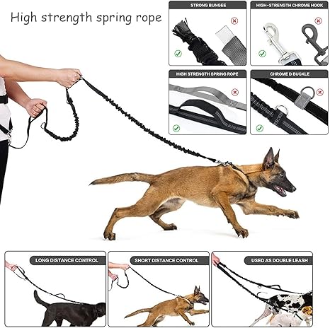 Waist Leash for Dog Walking - Hands Free Dog Leash with Multi Pouches, Wide Back Support Belt Bungee Dog Leash, Dog Waist Belt Leash for Walking, Running, Hiking, Training Leash (Black NO Leash)