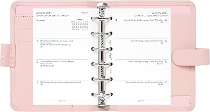 Filofax Saffiano Organizer, Pocket Size, Blush - Cross-Grain, Leather-Look, Six Rings, Week-to-View Calendar Diary, Multilingual, 2024 (C022697-24)