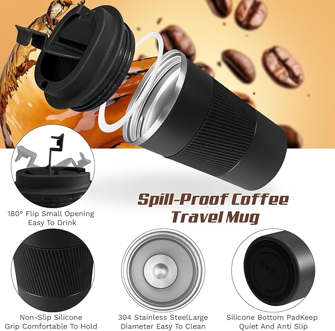 Vacuum-Insulated Stainless Steel Travel Coffee Mug, Leak-Proof Reusable Coffee Cup with Lid - Keep Hot Cold Drinks for Hours, Durable Thermos Tumbler for Men Women (3rd-Black, 12OZ)