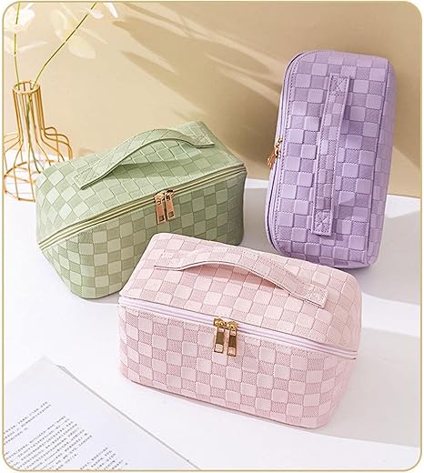 Makeup Bag, Wash Bag, Checkerboard Pattern Makeup Bag, Large Capacity Waterproof Storage Bag, Portable Cosmetic Bag, Women's Makeup Bag Black