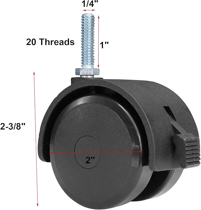 AAGUT 2" Swivel Stem Casters with Locking Brake Threaded 14" - 20 x 1 for Furniture and Shelves, Black Replacement Castors, Pack of 4