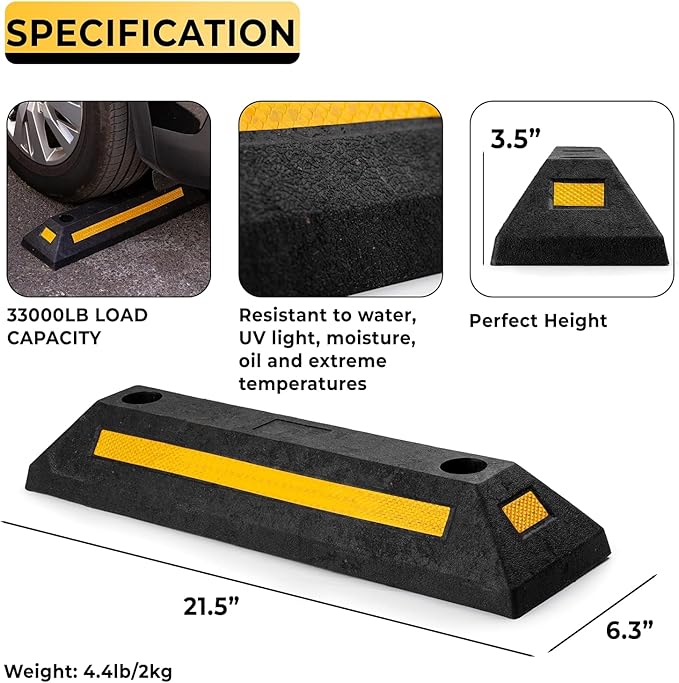 ZONETECH Heavy Duty Rubber Parking Guide - 2 Pcs Premium Quality Durable Car Garage Wheel Stopper Professional Grade Park with Reflective Yellow Tape Curb