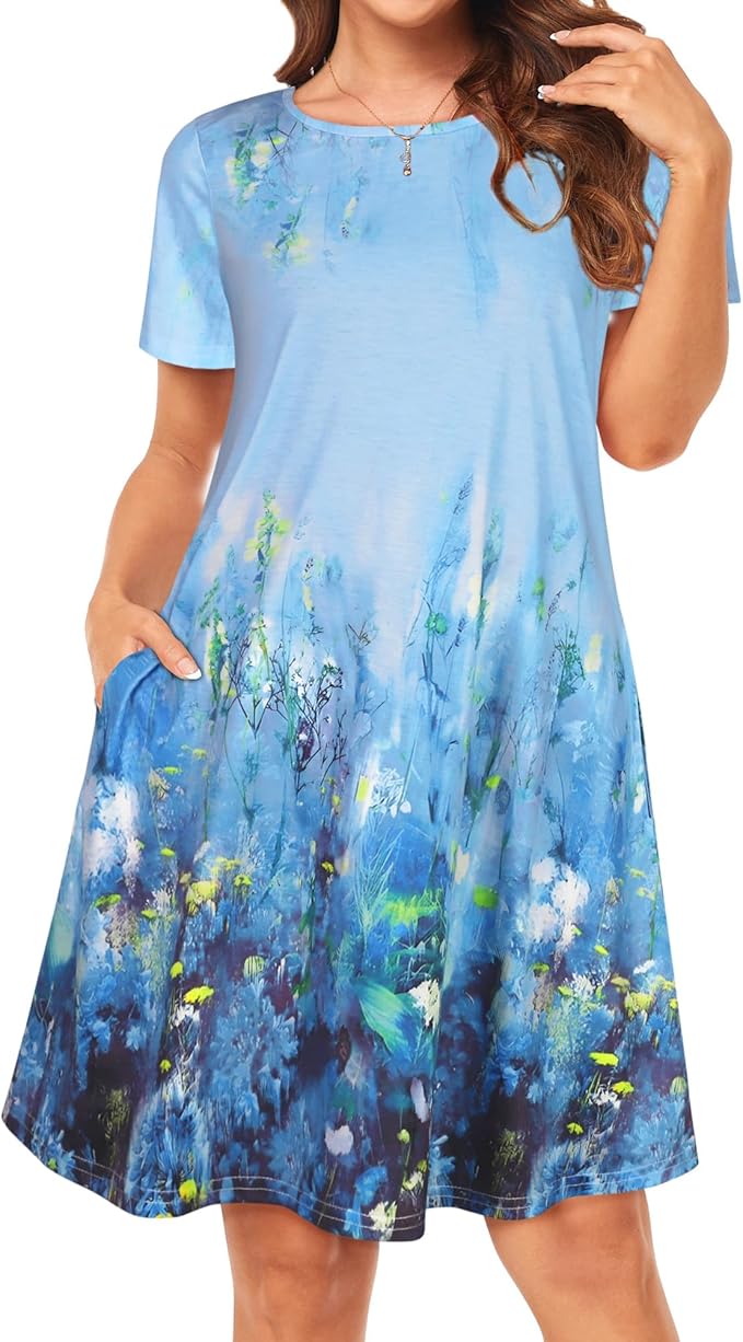 Womens Summer Dresses Beach Casual Loose Tshirt Floral Short Sleeve Flowy Pockets Sundresses
