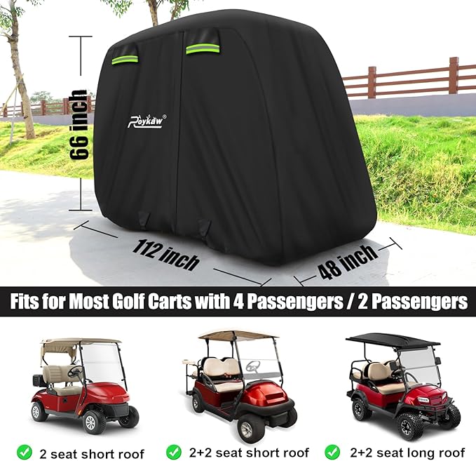 Roykaw Golf Cart Cover Compatible with EZGO, Yamaha, Club Car 24 Passengers Golf CartOoa420D Oxford Fabric Full Cover with Reflective Stripe 3 Zipper Doors,WaterproofWindproofSunproof