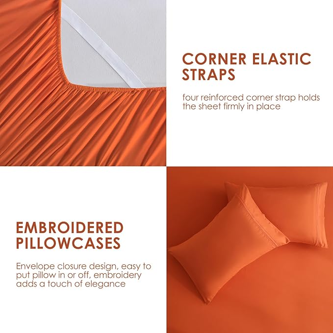 JSD Burnt Orange Queen Sheet Set with Side Pocket Corner Straps, 4 Piece Soft Microfiber Bed Sheets Extra Deep Pocket