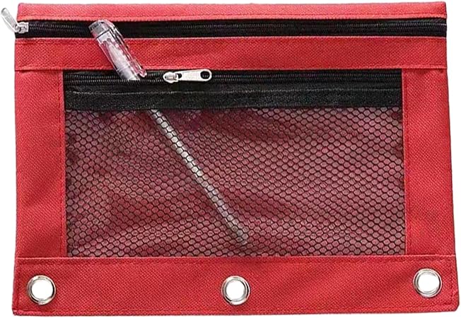 Pencil Pouch for 3 Ring Binder, Binder Pencil Case with Smooth Zipper, Clear Window Pencil Case for Binder, Big Capacity 3 Ring Binder Pencil Bag with 3 Reinforced Grommets Red